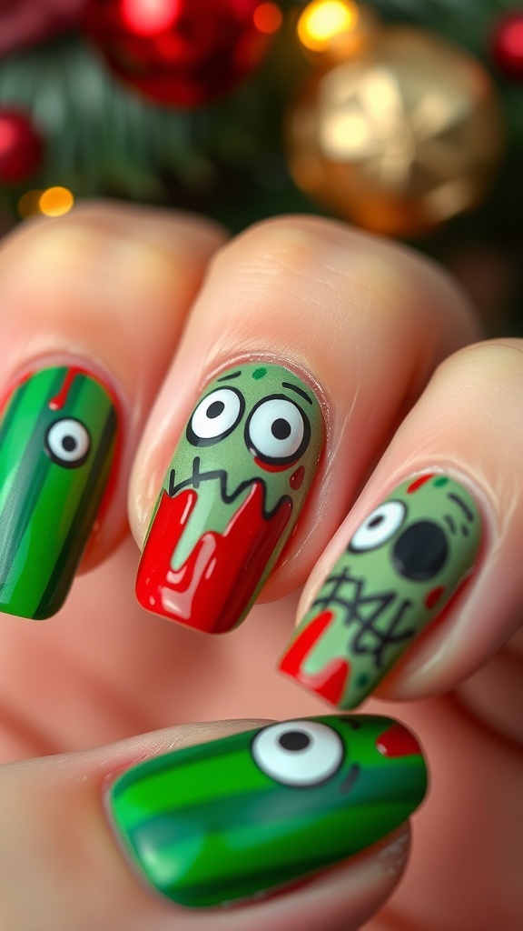 Zombie Christmas nail art with red and green polish, featuring spooky eyes and blood drips.